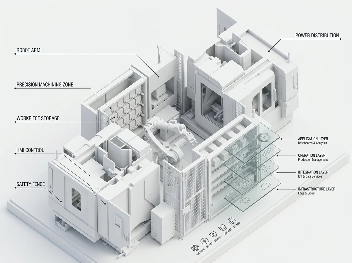 Cutaway of the Beskar Fabricator: robot arm, precision machining zone, workpiece storage, HMI control, safety fence and power distribution, with the software layers alongside.