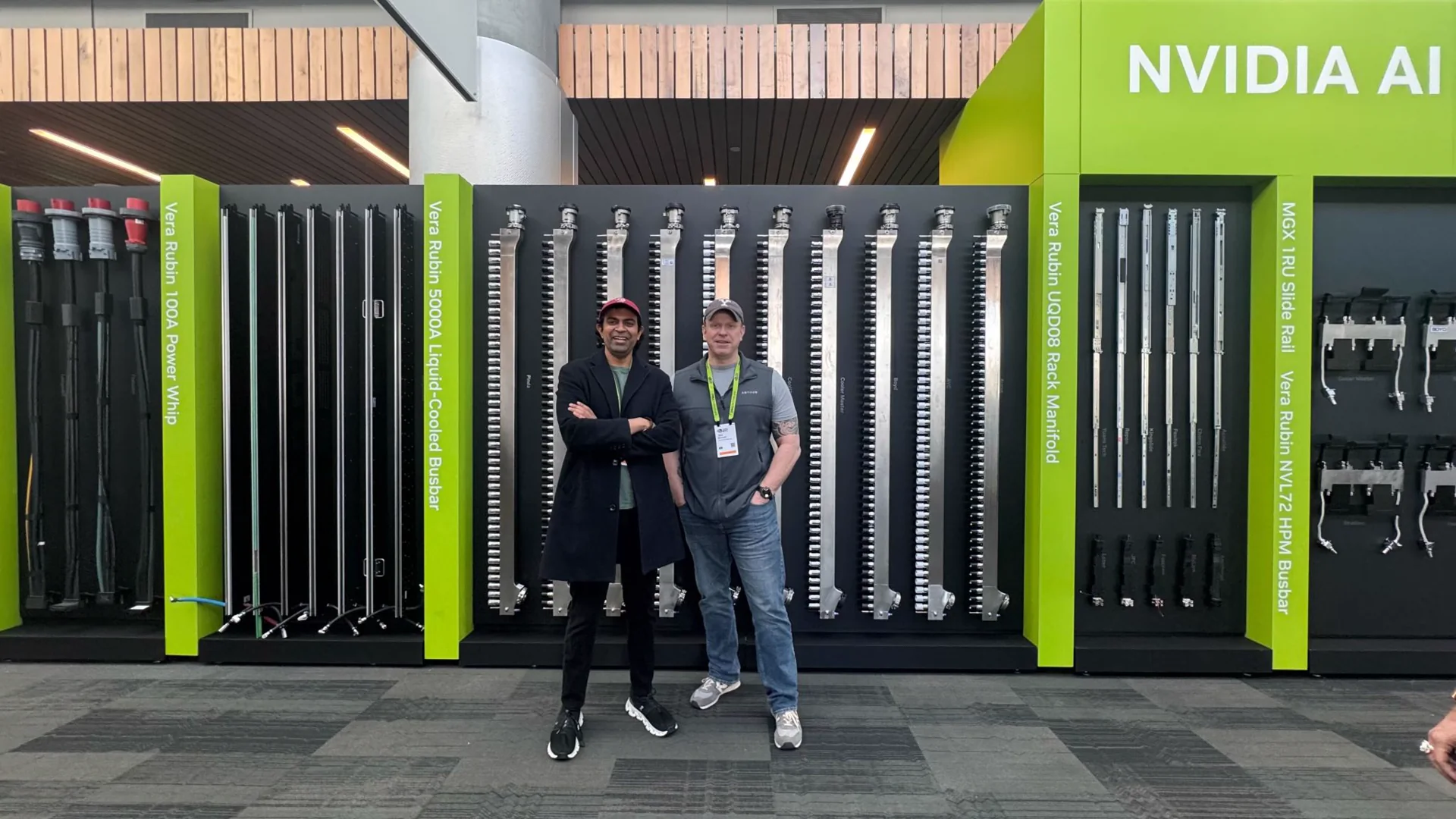 Beskar team at NVIDIA GTC by the Vera Rubin rack manifold wall